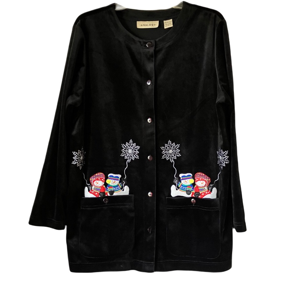 Analogy Velvety Soft Cardigan with Cute Snowmen by the Pockets, Black, Sz. L